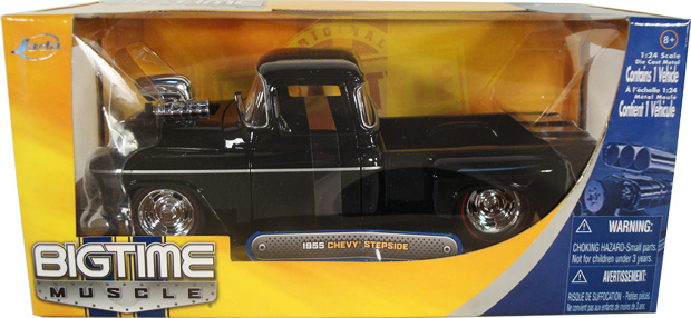 1955 Chevy Stepside w/ Blower & GM Rally Wheels - Black (Bigtime Muscle) 1/24