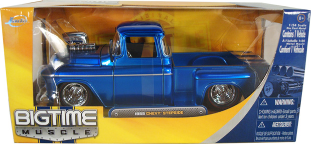 1955 Chevy Stepside w/ Blower & GM Rally Wheels - Blue (Bigtime Muscle) 1/24