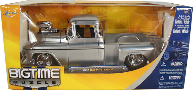1955 Chevy Stepside w/ Blower & GM Rally Wheels - Silver (Bigtime Muscle) 1/24