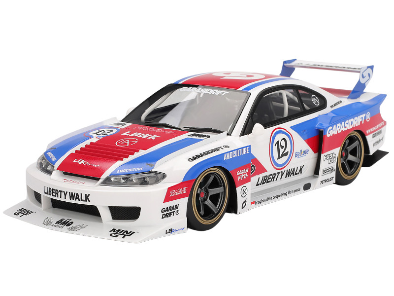 Nissan "LB-Super Silhouette" S15 SILVIA RHD (Right Hand Drive) #12 "GARASIDRIFT" White with Red and Blue Graphics (Top Speed) 1/18
